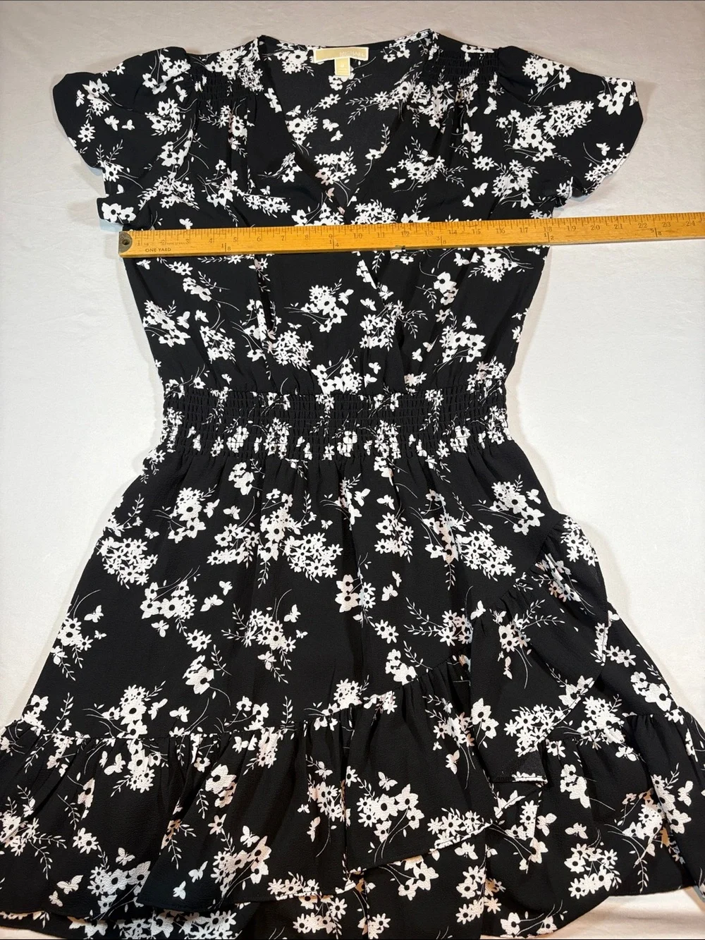 Michael Kors Black & White Floral V-Neck Tiered Midi Dress